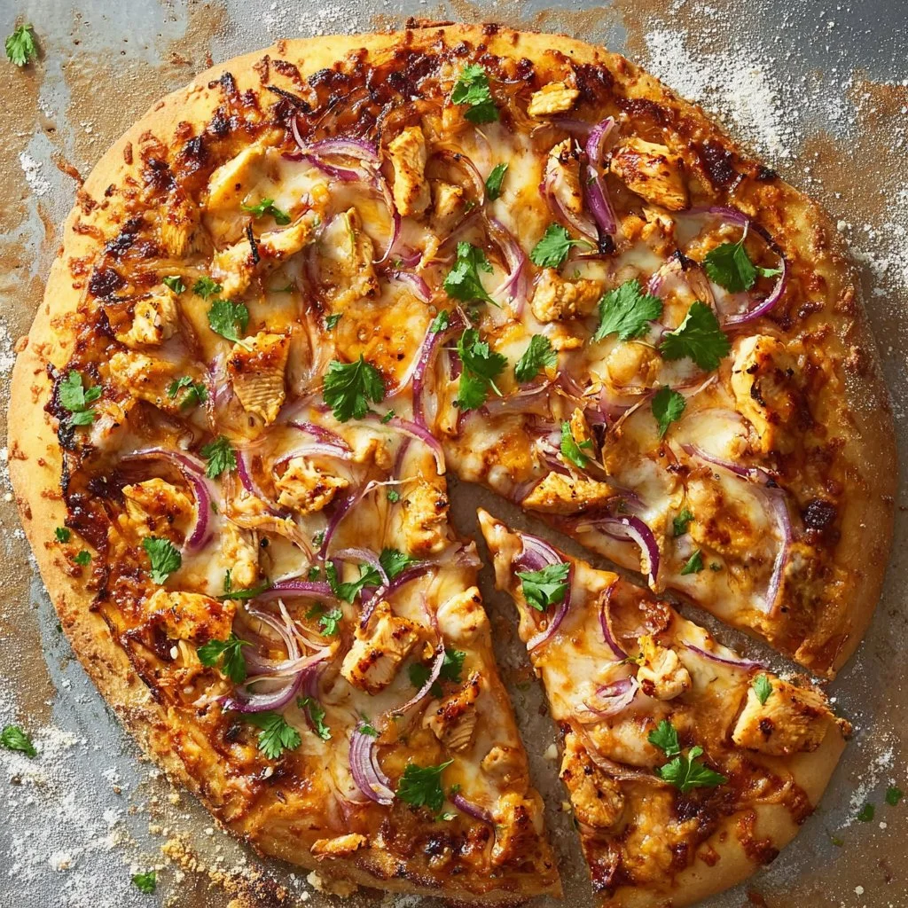 Delicious chicken pizza topped with fresh ingredients