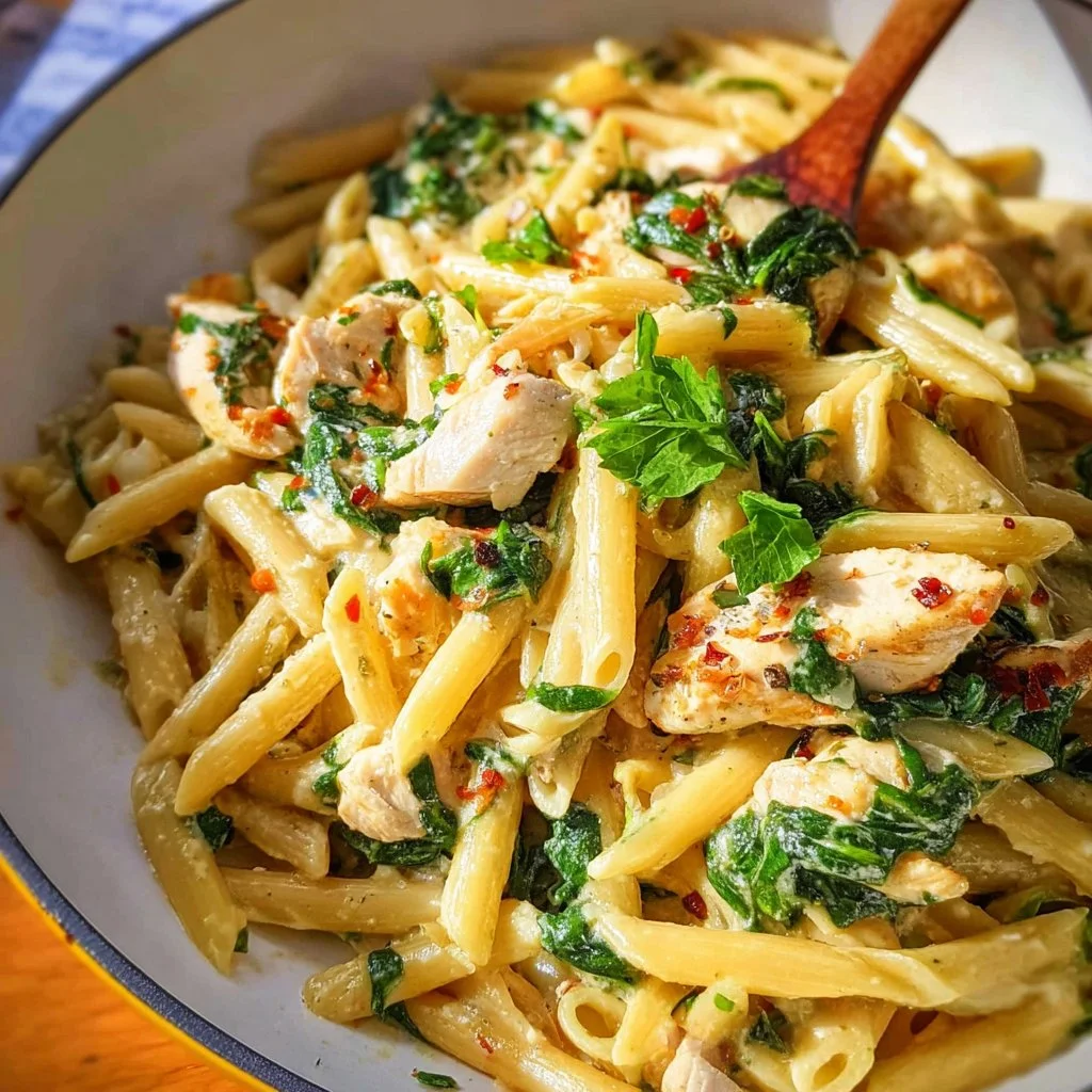 Healthy Chicken Spinach Pasta served on a plate garnished with parmesan cheese.