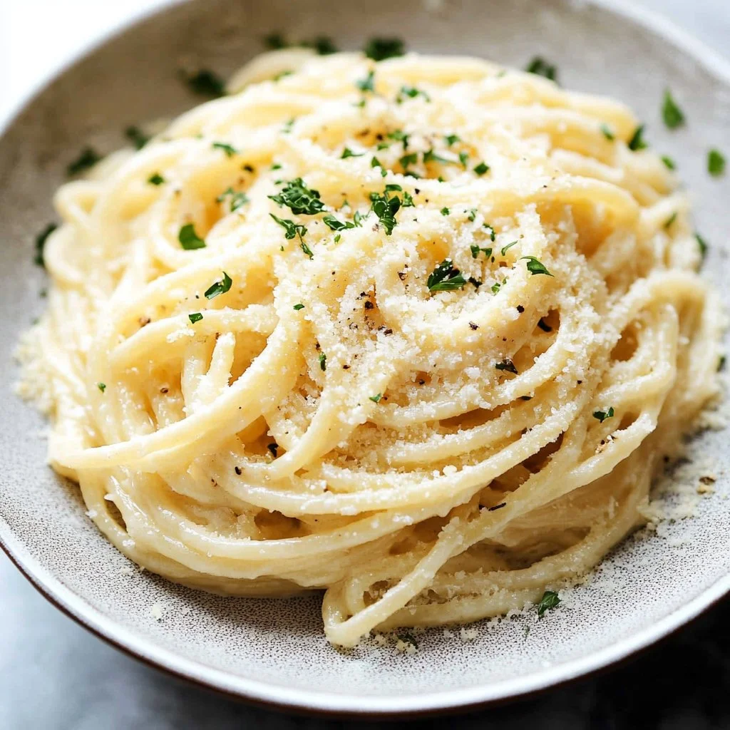 Delicious garlic pasta garnished with herbs and parmesan cheese