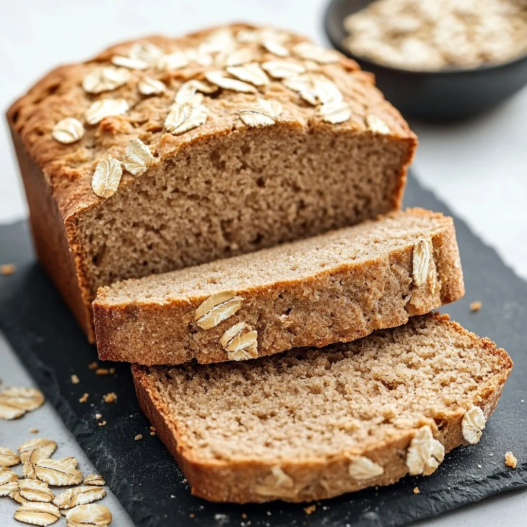 Sliced homemade oat bread on a wooden cutting board