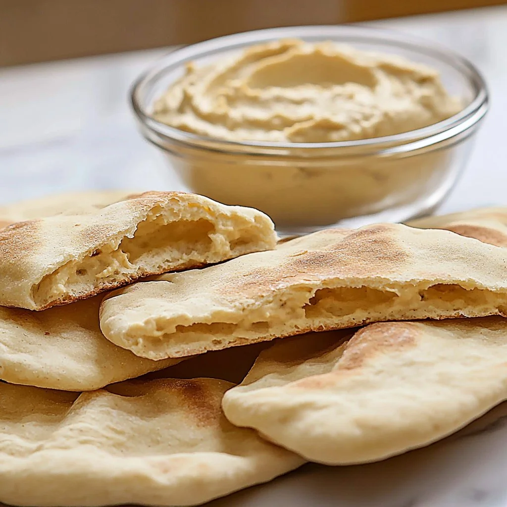 Freshly baked sourdough pita bread on a wooden cutting board