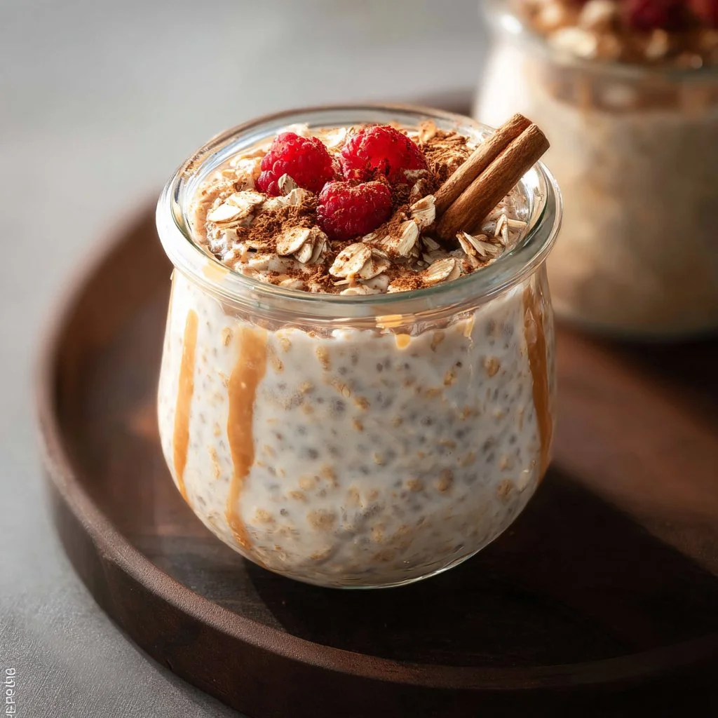 Bowl of Cinnamon Overnight Oats topped with sliced apples and cinnamon sprinkles.