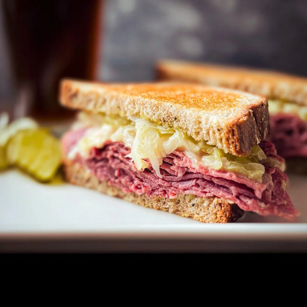 Delicious corned beef sandwich with fresh ingredients and juicy meat