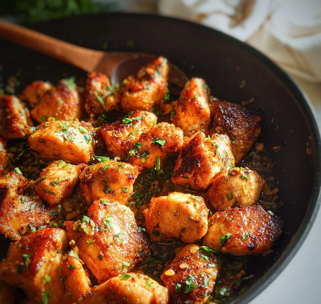 Delicious Garlic Butter Chicken Bites served on a plate with fresh herbs.