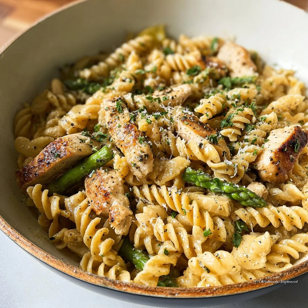 Delicious Lemon Garlic Chicken Pasta topped with fresh herbs