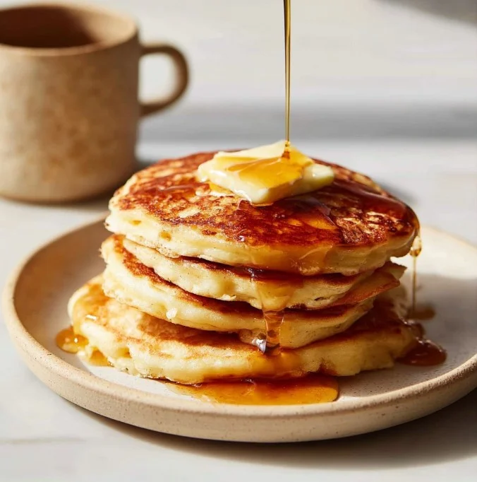 Fluffy oatmeal pancakes topped with fresh berries and maple syrup