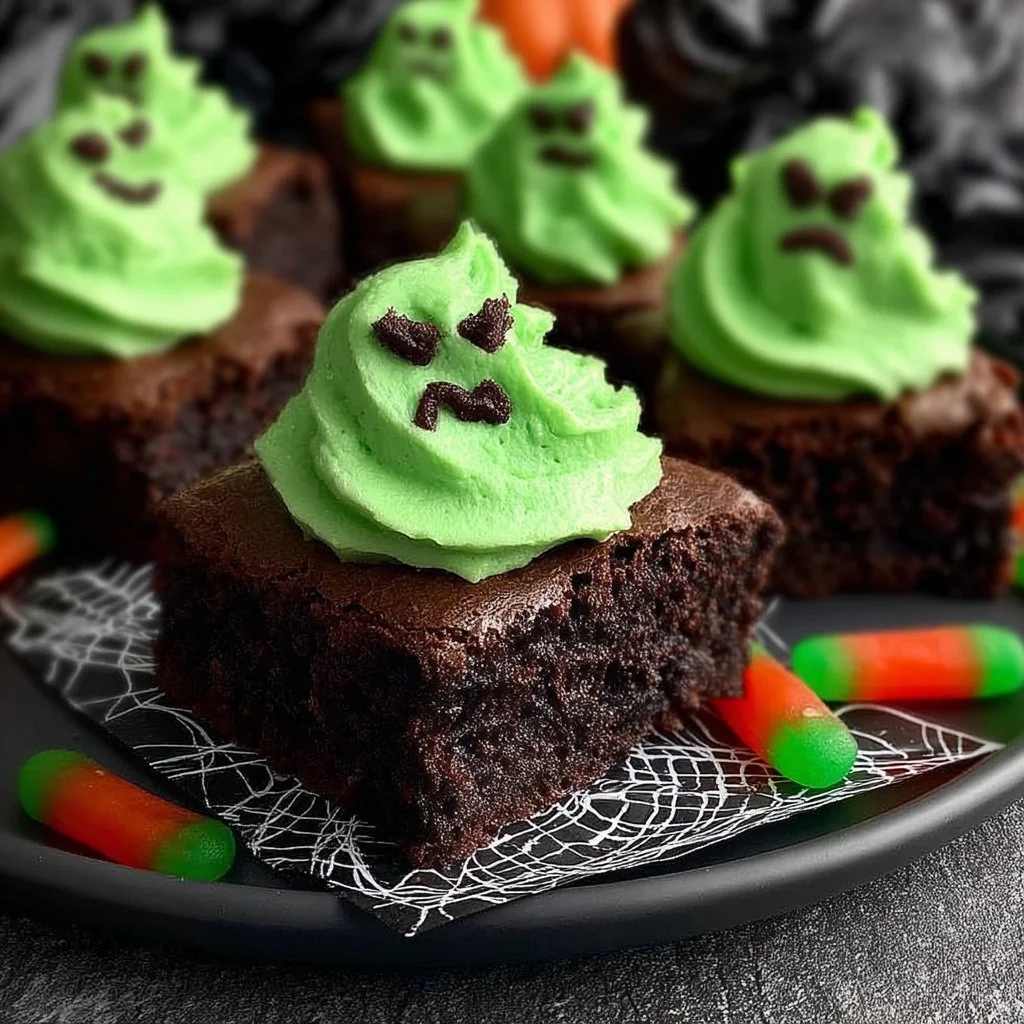 Oogie Boogie Dark Chocolate Brownies on a plate with festive decorations