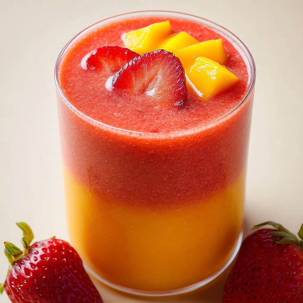 Delicious strawberry mango smoothie in a clear glass with fresh fruit garnish