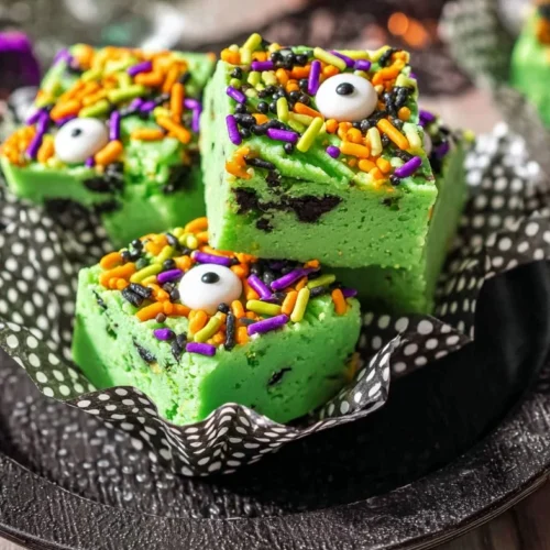 Delicious Wicked Witch Fudge dessert featuring spooky Halloween decorations.