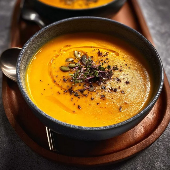 Creamy acorn squash soup served in a bowl with herbs on top