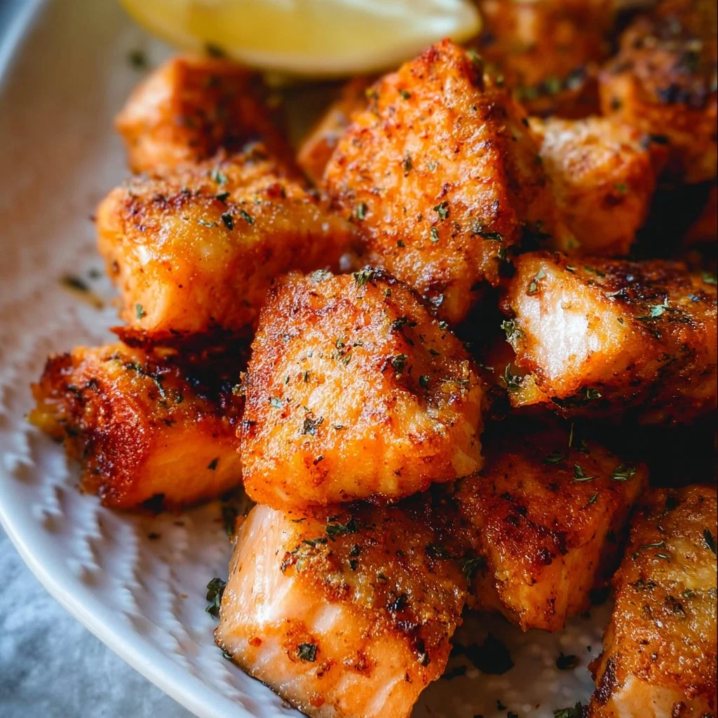 Crispy air fryer salmon bites seasoned to perfection.