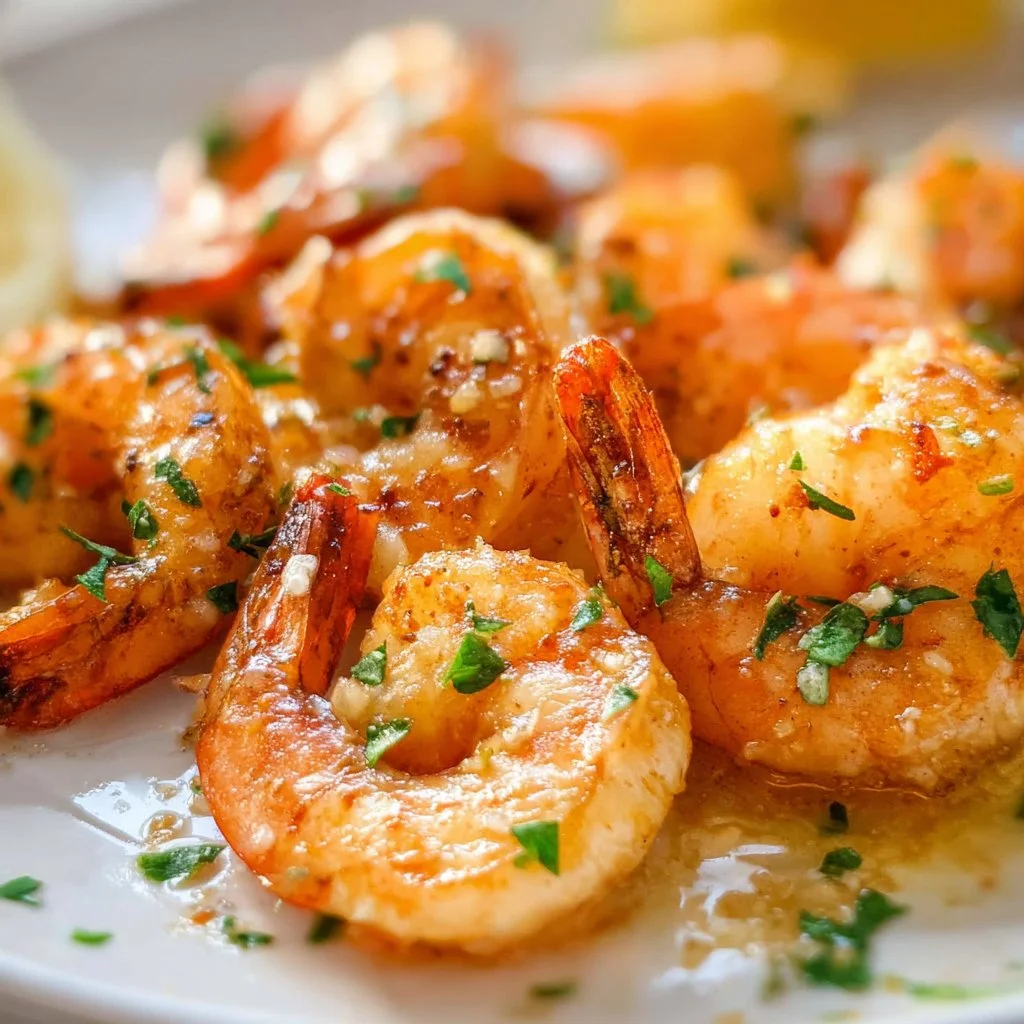 Crispy air fryer shrimp served with lemon and garnish on a plate