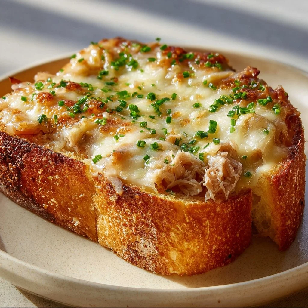 Delicious open-faced tuna melt topped with melted cheese and fresh ingredients.