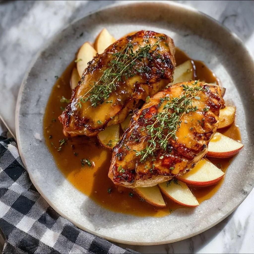 Apple and brie stuffed chicken dish garnished with herbs
