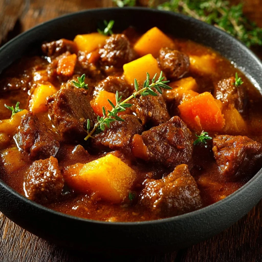 Delicious autumn harvest beef stew with vegetables and herbs