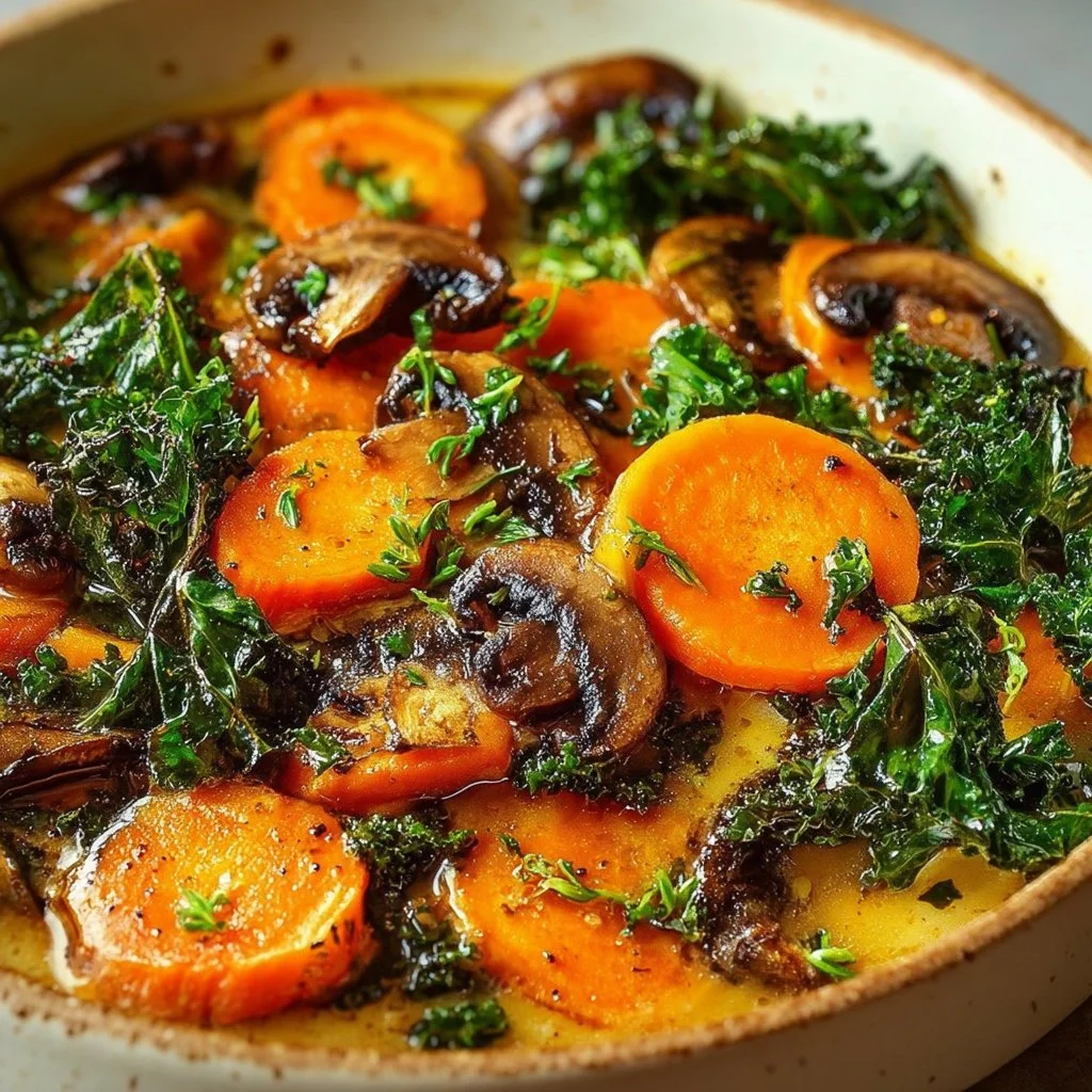 Bowl of autumn wild rice soup with vegetables and herbs