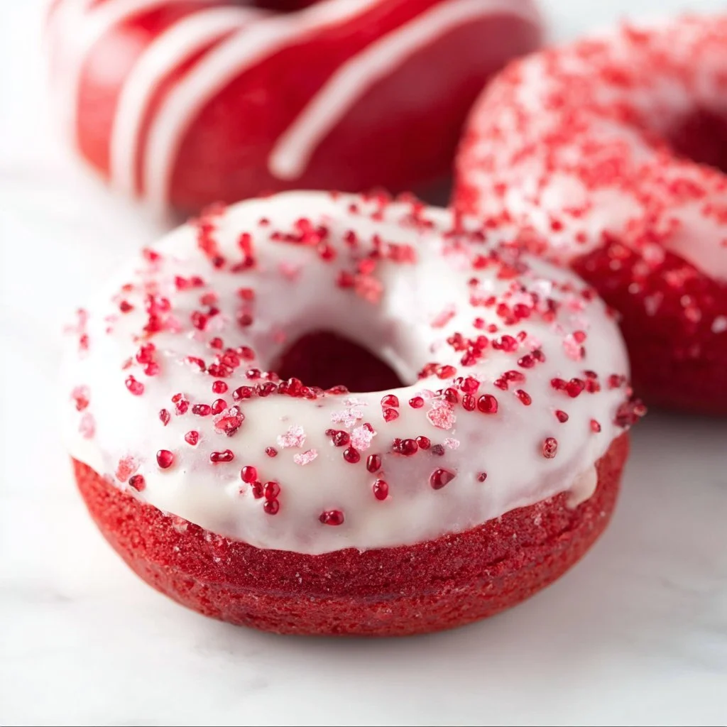 Baked red velvet cake mix donuts with cream cheese icing on a white plate.