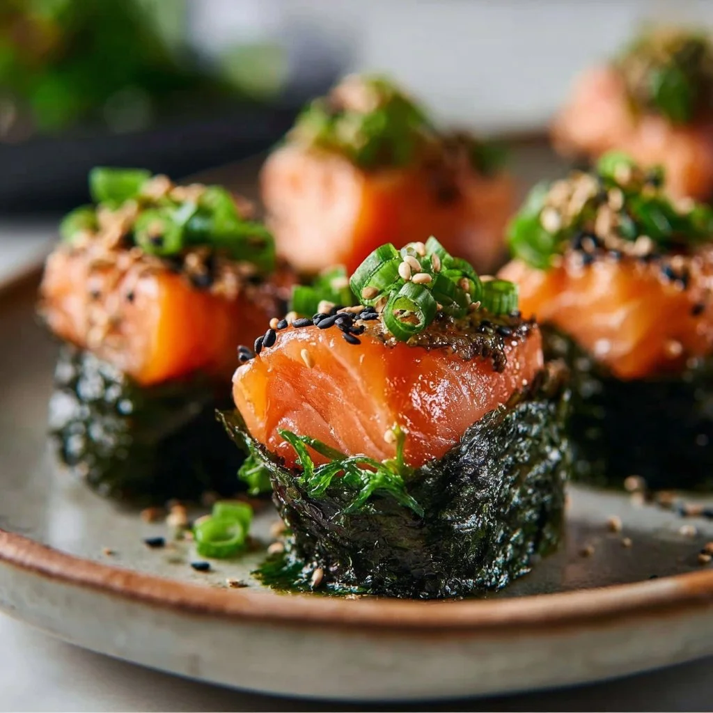 Delicious baked salmon sushi cups served in a decorative plate