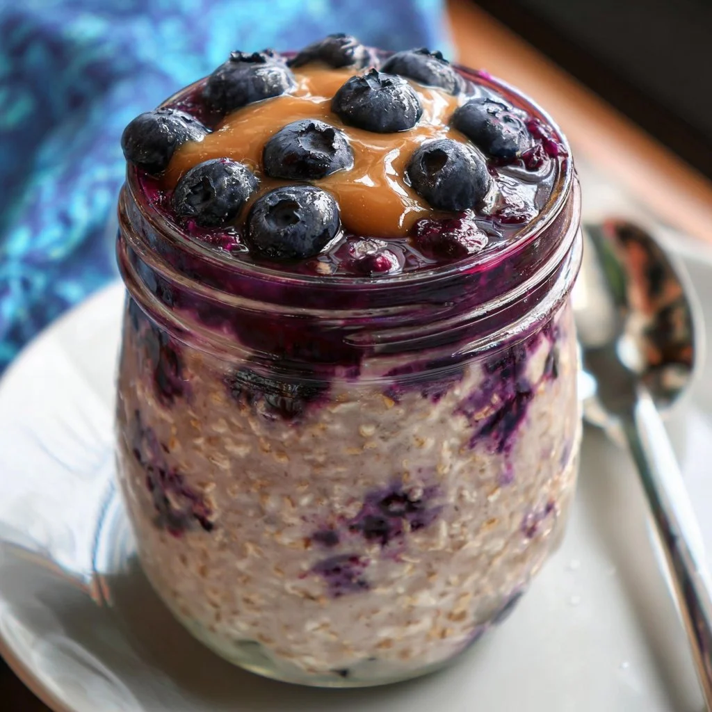Delicious blueberry pie overnight oats topped with fresh blueberries