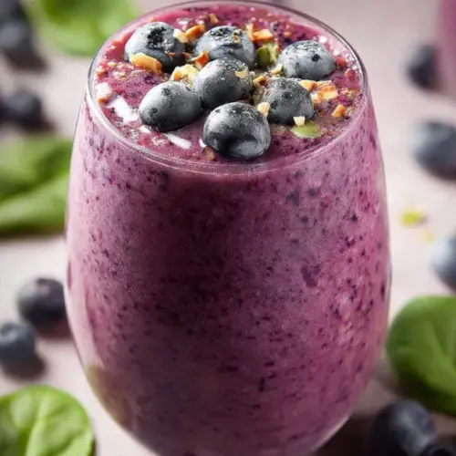 Healthy blueberry spinach smoothie in a glass with fresh blueberries
