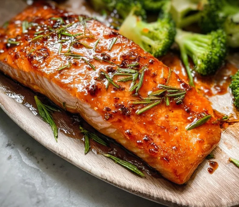 Delicious Bourbon Glazed Salmon fillet drizzled with a rich sauce, served on a plate.