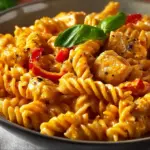Cajun chicken pasta bake topped with creamy cheese and spices