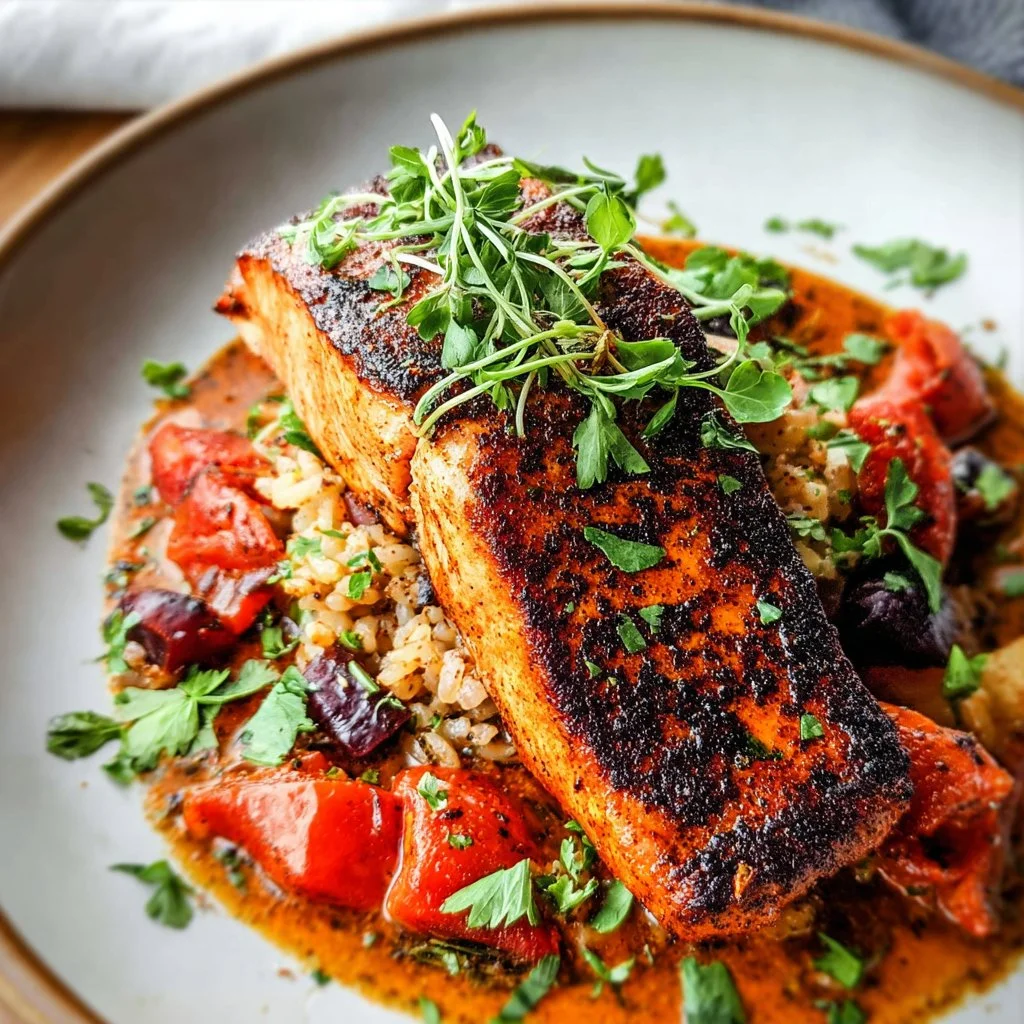 Delicious Cajun Salmon garnished and ready to serve