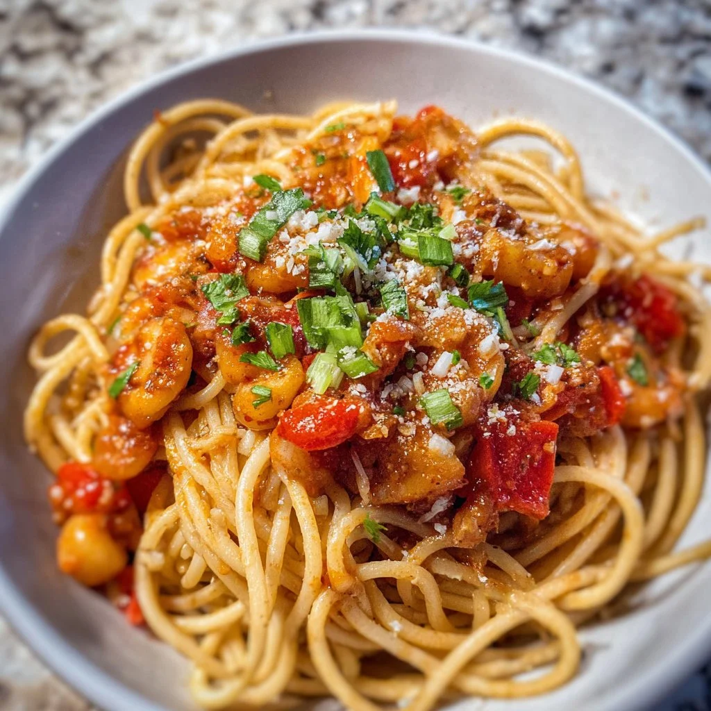 Delicious Cajun Spaghetti garnished with fresh herbs and spices