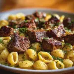 Delicious Cajun Steak Bites served with cheesy garlic pasta on a plate.