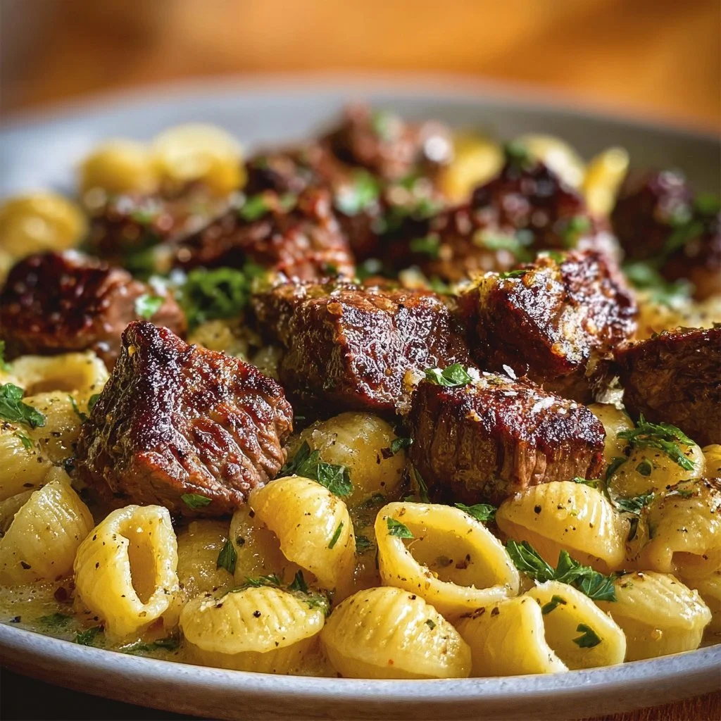 Delicious Cajun Steak Bites served with cheesy garlic pasta on a plate.