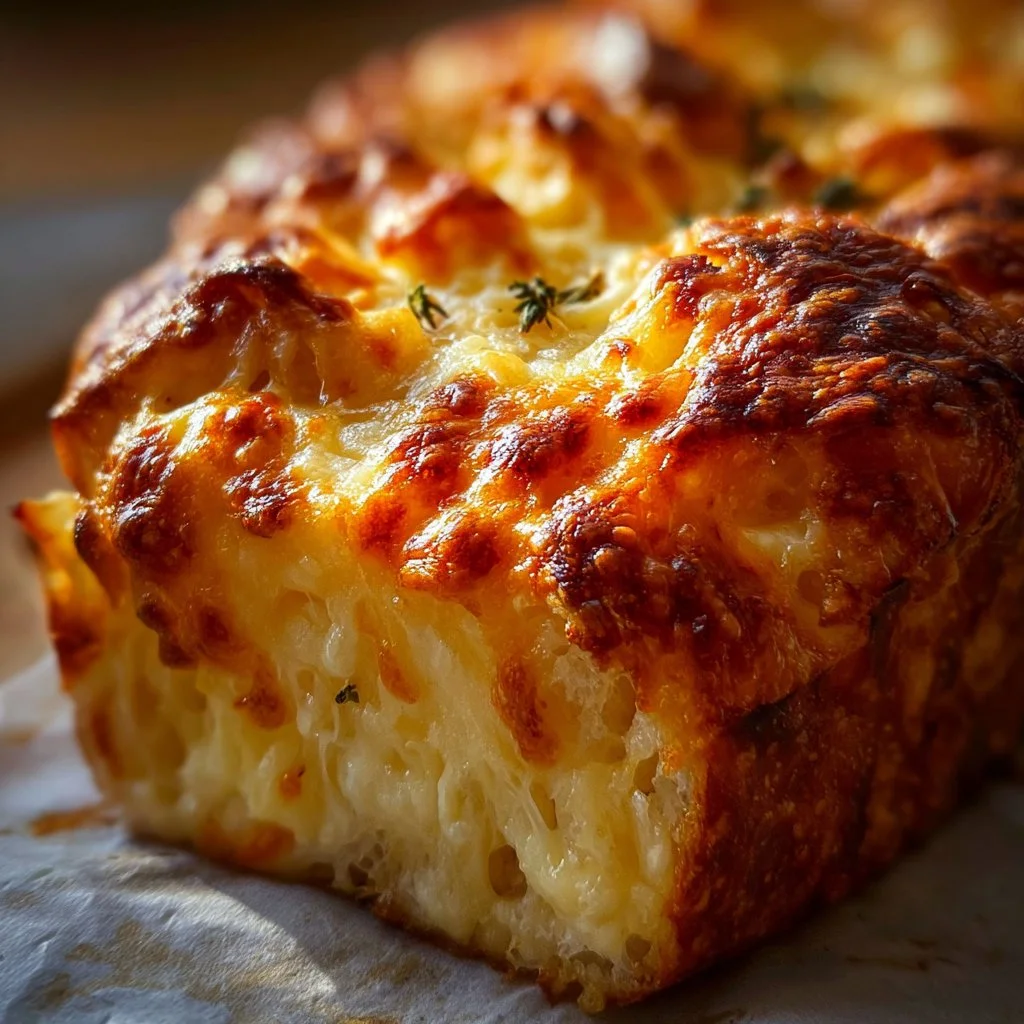 Freshly baked cheese bread with melted cheese inside and a golden crust
