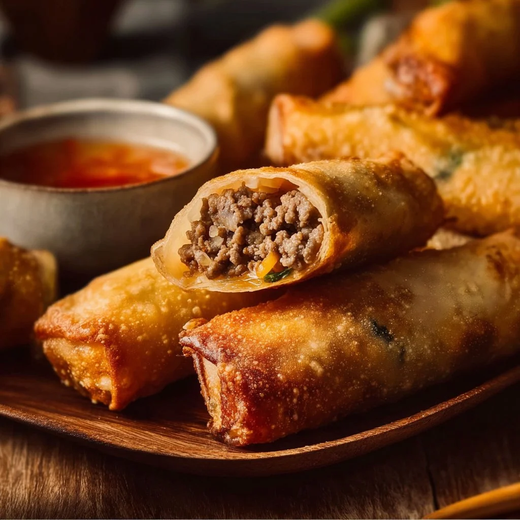 Delicious cheeseburger egg rolls served with dipping sauce