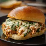 Chicken Alfredo Sloppy Joes served on a plate with fresh herbs and toppings