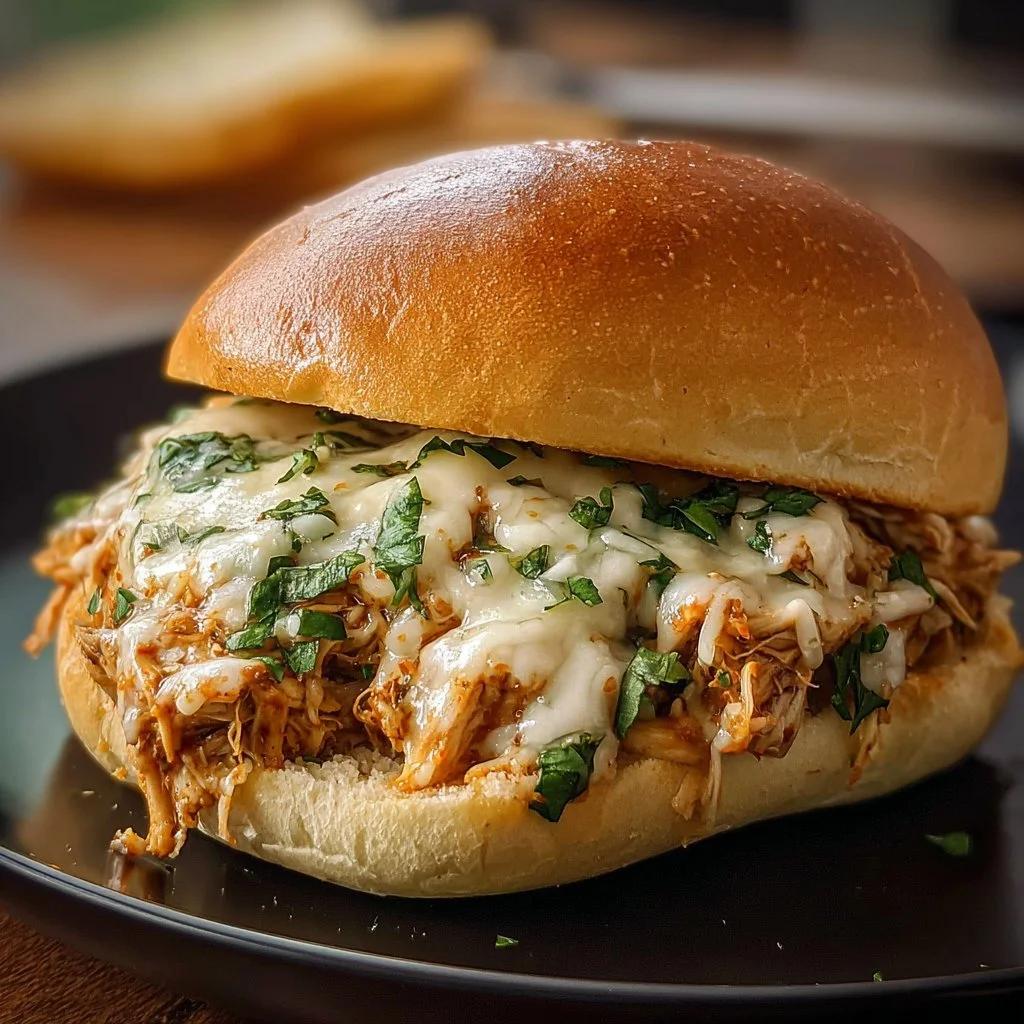 Chicken Alfredo Sloppy Joes served on a plate with fresh herbs and toppings