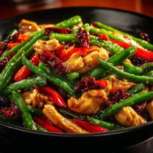 Delicious chicken and green bean stir-fry in a colorful dish