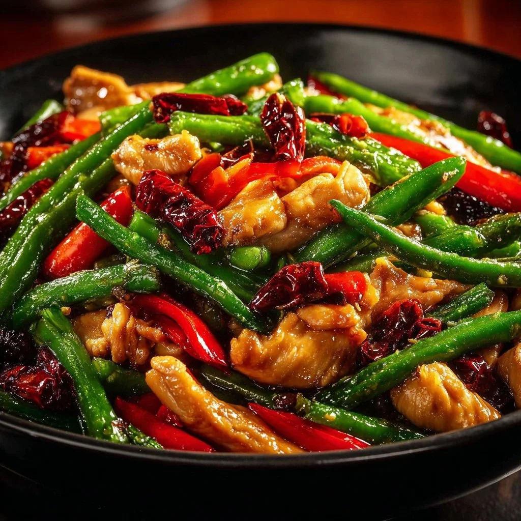 Delicious chicken and green bean stir-fry in a colorful dish