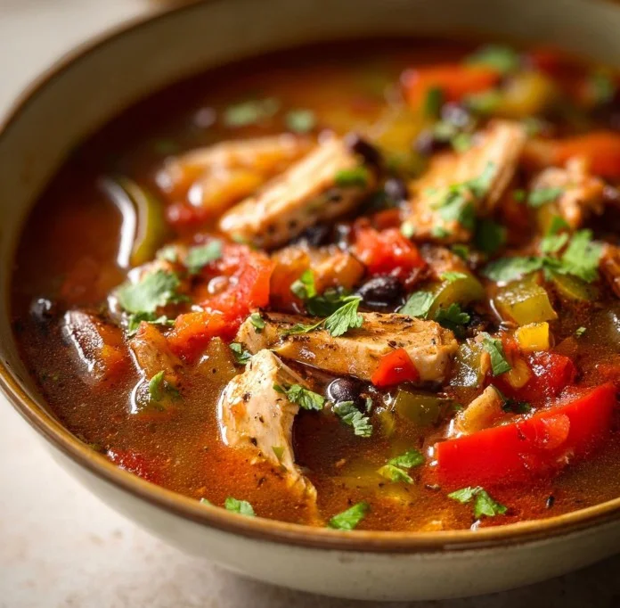 A steaming bowl of Chicken Fajita Soup topped with fresh herbs and peppers