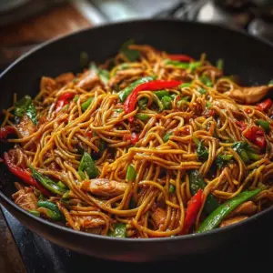 Delicious bowl of Chicken Lo Mein with vegetables and chicken slices