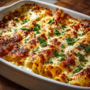 Delicious Chicken Manicotti Alfredo topped with creamy sauce and herbs
