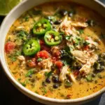 Bowl of Chicken Poblano Soup garnished with cilantro and lime