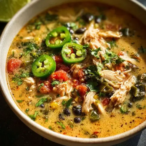 Bowl of Chicken Poblano Soup garnished with cilantro and lime