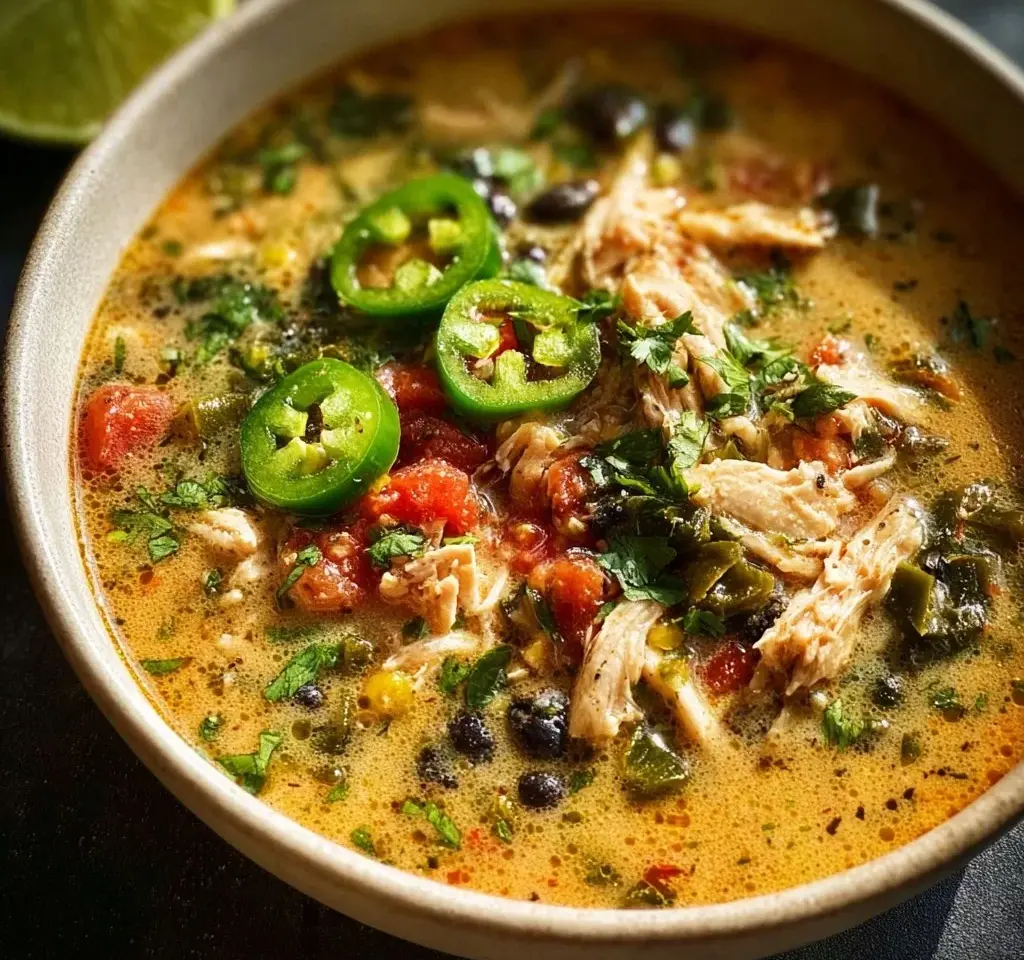 Bowl of Chicken Poblano Soup garnished with cilantro and lime