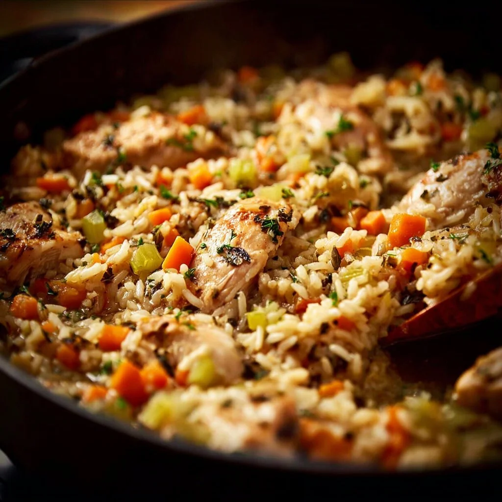 Delicious Chicken Wild Rice Casserole topped with herbs and spices.