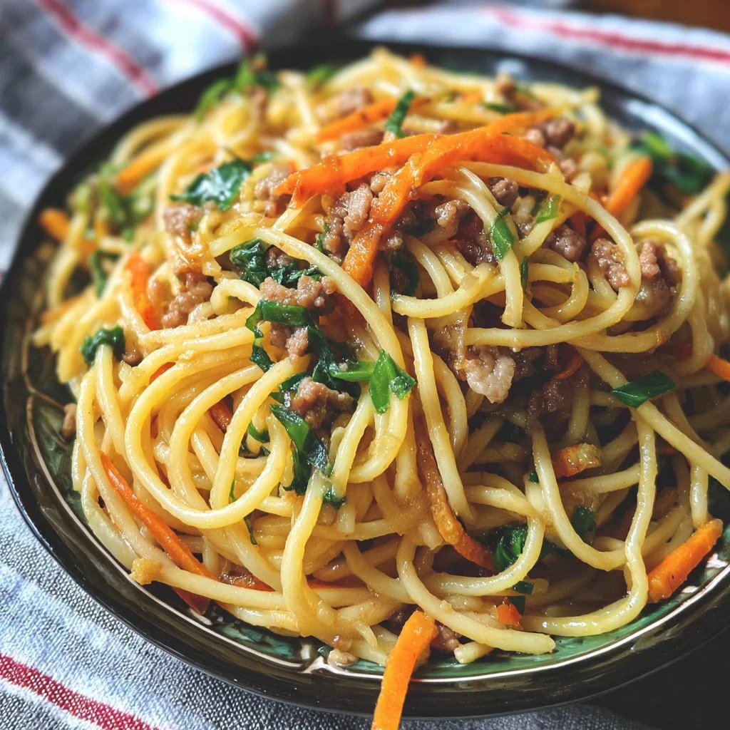 Plate of Chinese Spaghetti with colorful vegetables and savory sauce
