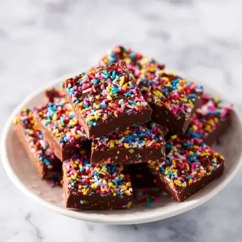 Delicious chocolate fudge bites served on a plate with a rich chocolate drizzle.