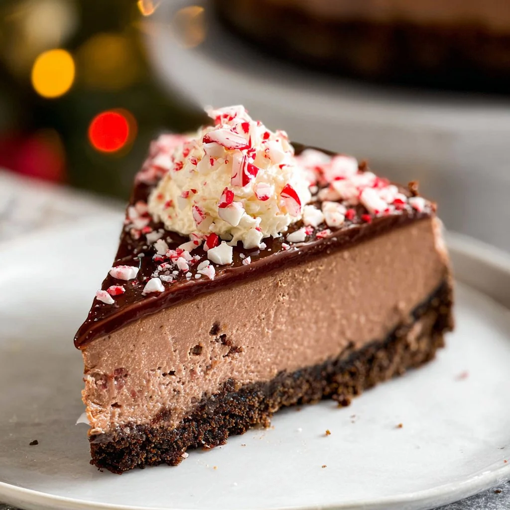 Decadent Chocolate Peppermint Cheesecake topped with chocolate shavings and mint leaves.