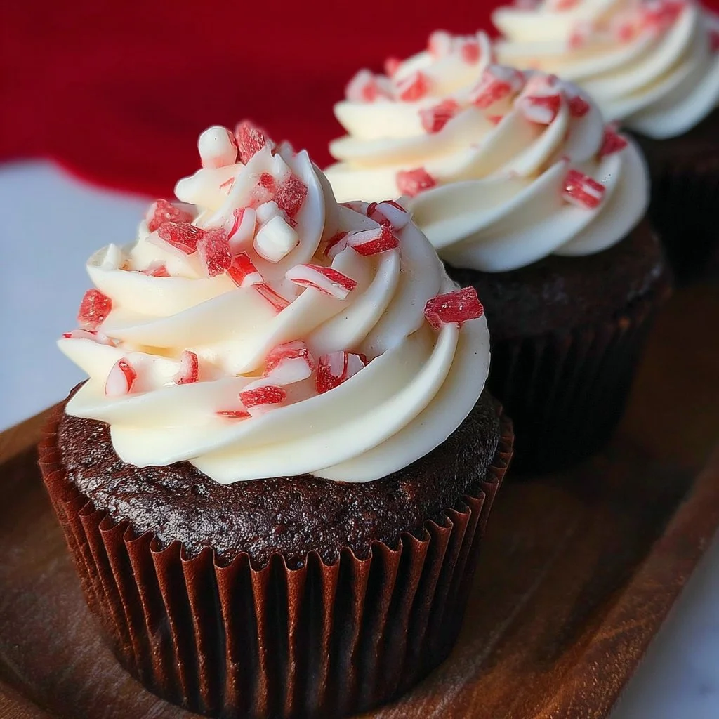 Chocolate peppermint cupcakes with frosting and festive decorations