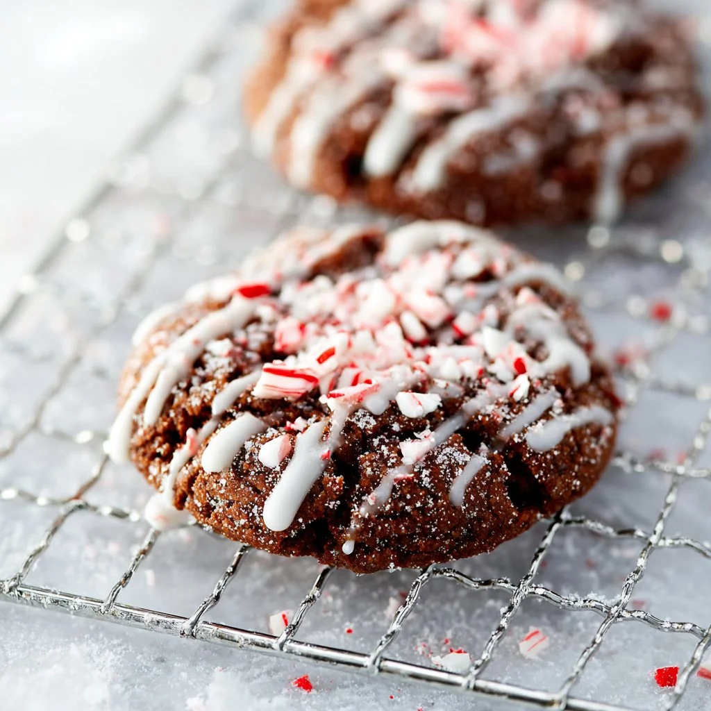 Delicious chocolate peppermint sour cream crinkle cookies on a festive plate.