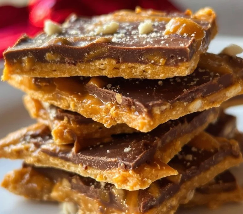 Delicious Christmas Crack, a festive Saltine cracker toffee treat topped with chocolate.