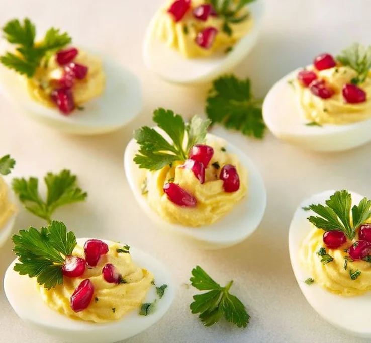 Christmas deviled eggs garnished with parsley and red pepper flakes